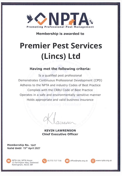 NPTA membership certificate: Premier Pest Services (Lincs) Ltd, membership number 1647, valid until 15 April 2027